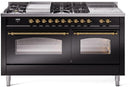 ILVE Nostalgie II 60-Inch Dual Fuel Freestanding Range with Removable Griddle in Glossy Black with Brass Trim (UP60FSNMPBKG)