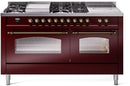 ILVE Nostalgie II 60-Inch Dual Fuel Freestanding Range with Removable Griddle in Burgundy with Bronze Trim (UP60FSNMPBUB)