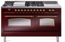 ILVE Nostalgie II 60-Inch Dual Fuel Freestanding Range with Removable Griddle in Burgundy with Brass Trim (UP60FSNMPBUG)