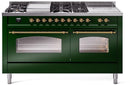 ILVE Nostalgie II 60-Inch Dual Fuel Freestanding Range with Removable Griddle in Emerald Green with Brass Trim (UP60FSNMPEGG)