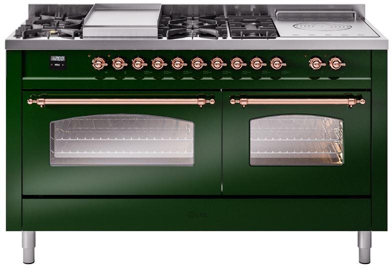 ILVE Nostalgie II 60-Inch Dual Fuel Freestanding Range with Removable Griddle in Emerald Green with Copper Trim (UP60FSNMPEGP)