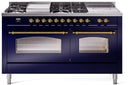 ILVE Nostalgie II 60-Inch Dual Fuel Freestanding Range with Removable Griddle in Midnight Blue with Brass Trim (UP60FSNMPMBG)