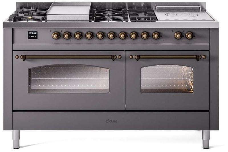 ILVE Nostalgie II 60-Inch Dual Fuel Freestanding Range with Removable Griddle in Matte Graphite with Bronze Trim (UP60FSNMPMGB)