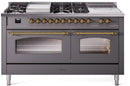 ILVE Nostalgie II 60-Inch Dual Fuel Freestanding Range with Removable Griddle in Matte Graphite with Brass Trim (UP60FSNMPMGG)
