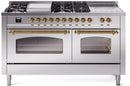 ILVE Nostalgie II 60-Inch Dual Fuel Freestanding Range with Removable Griddle in Stainless Steel with Brass Trim (UP60FSNMPSSG)