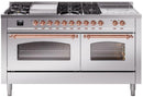 ILVE Nostalgie II 60-Inch Dual Fuel Freestanding Range with Removable Griddle in Stainless Steel with Copper Trim (UP60FSNMPSSP)