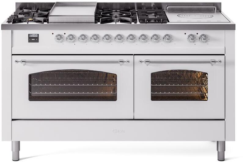 ILVE Nostalgie II 60-Inch Dual Fuel Freestanding Range with Removable Griddle in White with Chrome Trim (UP60FSNMPWHC)