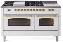 ILVE Nostalgie II 60-Inch Dual Fuel Freestanding Range with Removable Griddle in White with Brass Trim (UP60FSNMPWHG)