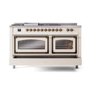 Antique white dual-fuel range front view with two oven doors and bronze knob row