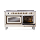 Antique white dual-fuel range with left oven door open and right oven door closed