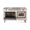 Antique white range with both oven doors open, showing convection fan and racks