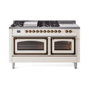 Antique white dual-fuel range with bronze knobs and two oven doors with glass windows