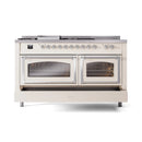 Antique white dual-fuel range front view with two glass ovens and chrome handle