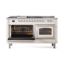 Dual-fuel range with both oven compartments open, showing burner grates and interior