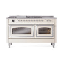 Antique white dual-fuel range showing two oven doors with glass windows and chrome trim