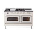 ILVE dual-fuel range in antique white with chrome knobs and dual oven doors