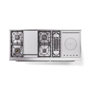 Dual-fuel range top view with exposed burner grates and French-top style sections