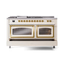 Antique white dual oven range with two glass doors and brass-trim handles