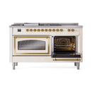 Antique white dual oven range with brass handle and right oven door open