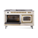 Antique white range with left oven door open and right oven door closed