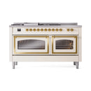 Antique white dual fuel range with two brass-trimmed oven doors