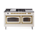Antique white dual oven range with two glass doors and front burner grates