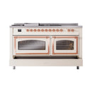 Antique white range with both oven doors open, copper trim, and top control knobs