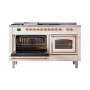 Antique white dual-fuel range with both oven doors open and copper trim