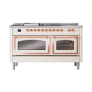 Antique white dual-fuel range with both oven doors open, copper trim, and burner controls
