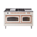 Antique white dual-fuel range with copper knobs, twin oven doors, and top burners