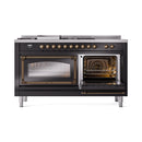 Black dual fuel gas range with left oven door open, showing interior rack and heating