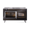 Black dual fuel gas range with both oven cavities open, showing bake and broil sections