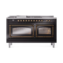 Black dual fuel gas range with bronze-trim ovens and two closed oven doors