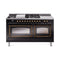 ILVE Nostalgie II Noblesse 60-Inch 5.8 Cu. Ft. Dual Oven Propane Gas Dual Fuel Range with 7 Burners, Griddle, French Top and Triple Glass Door in Glossy Black with Burnished Bronze Trim (UN60FSNMPBKBLP)