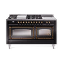 Glossy black dual fuel gas range with bronze-trim control panel and two oven windows