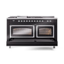 Black dual-fuel range with two closed oven doors and chrome-trimmed windows