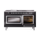 ILVE dual fuel range with left oven door open showing racks, right oven door closed