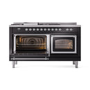 Black dual-fuel range with both oven doors open, showing heating elements and racks