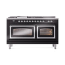 Black dual-fuel range front with two closed oven doors and chrome-trimmed glass