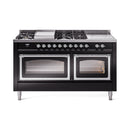 Black dual-fuel range front with chrome burner knobs and cooktop griddle