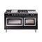 ILVE Nostalgie II Noblesse 60-Inch 5.8 Cu. Ft. Dual Oven Propane Gas Dual Fuel Range with 7 Burners, Griddle, French Top and Triple Glass Door in Glossy Black with Chrome Trim (UN60FSNMPBKCLP)