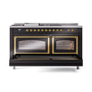 ILVE dual fuel range with two glass-front ovens and brass-trimmed doors, black