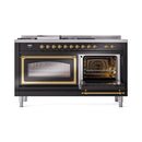 ILVE range with one oven door open, racks and heating element visible, brass trim