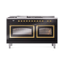 ILVE dual fuel range front with two closed glass ovens and brass-trimmed handles