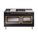 ILVE dual fuel range top with burner grates, griddle, and French top in black