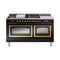 ILVE Nostalgie II Noblesse 60-Inch 5.8 Cu. Ft. Dual Oven Propane Gas Dual Fuel Range with 7 Burners, Griddle, French Top and Triple Glass Door in Glossy Black with Brass Trim (UN60FSNMPBKGLP)
