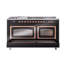Glossy black dual-fuel range with copper-trimmed oven doors and illuminated interior