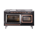 Dual-fuel range with open ovens showing racks, fan vents, and copper door frames