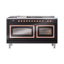 Glossy black dual-fuel range front with copper trim, two oven windows, control knobs