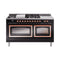 ILVE Nostalgie II Noblesse 60-Inch 5.8 Cu. Ft. Dual Oven Natural Gas Dual Fuel Range with 7 Burners, Griddle, French Top and Triple Glass Door in Glossy Black with Copper Trim (UN60FSNMPBKP)